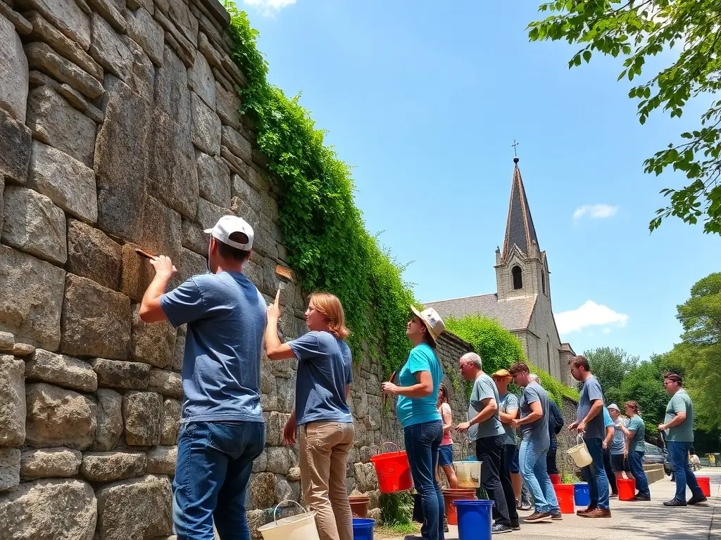 A photograph of volunteers restoring an ancient stone monument, showcasing hands-on conservation work amidst scenic village surroundings.