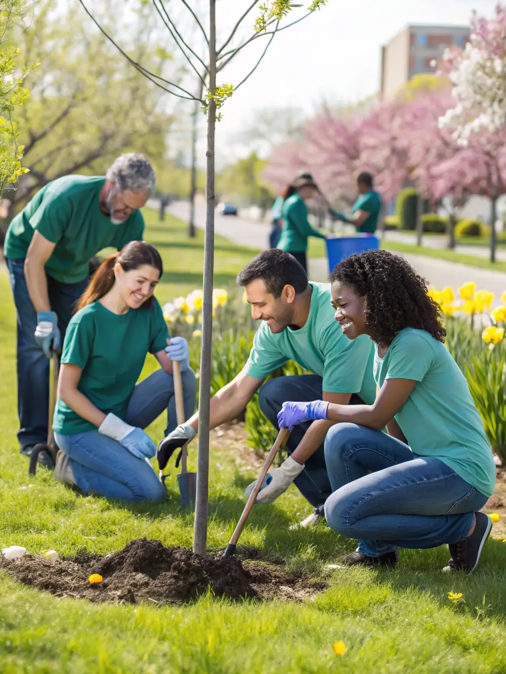 A photograph of volunteers working together on a community project, such as cleaning up a local park or planting trees, demonstrating APPA's focus on community engagement.