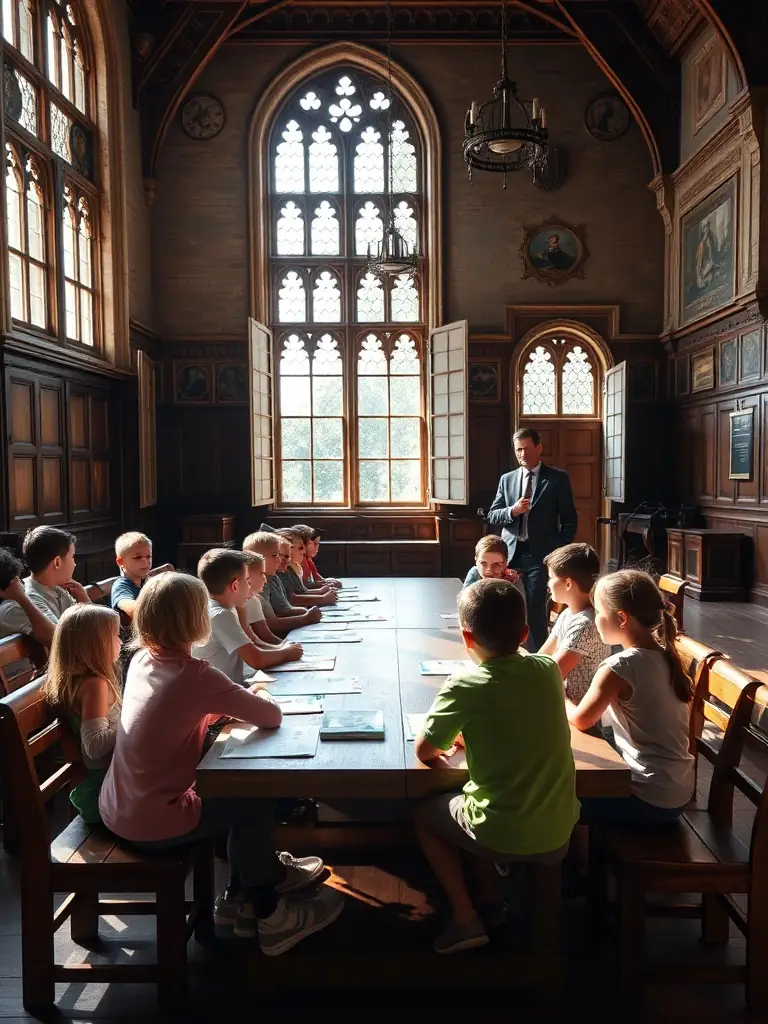 A photo of a group of children participating in a historical tour led by an APPA volunteer, showcasing the educational programs offered by the organization.