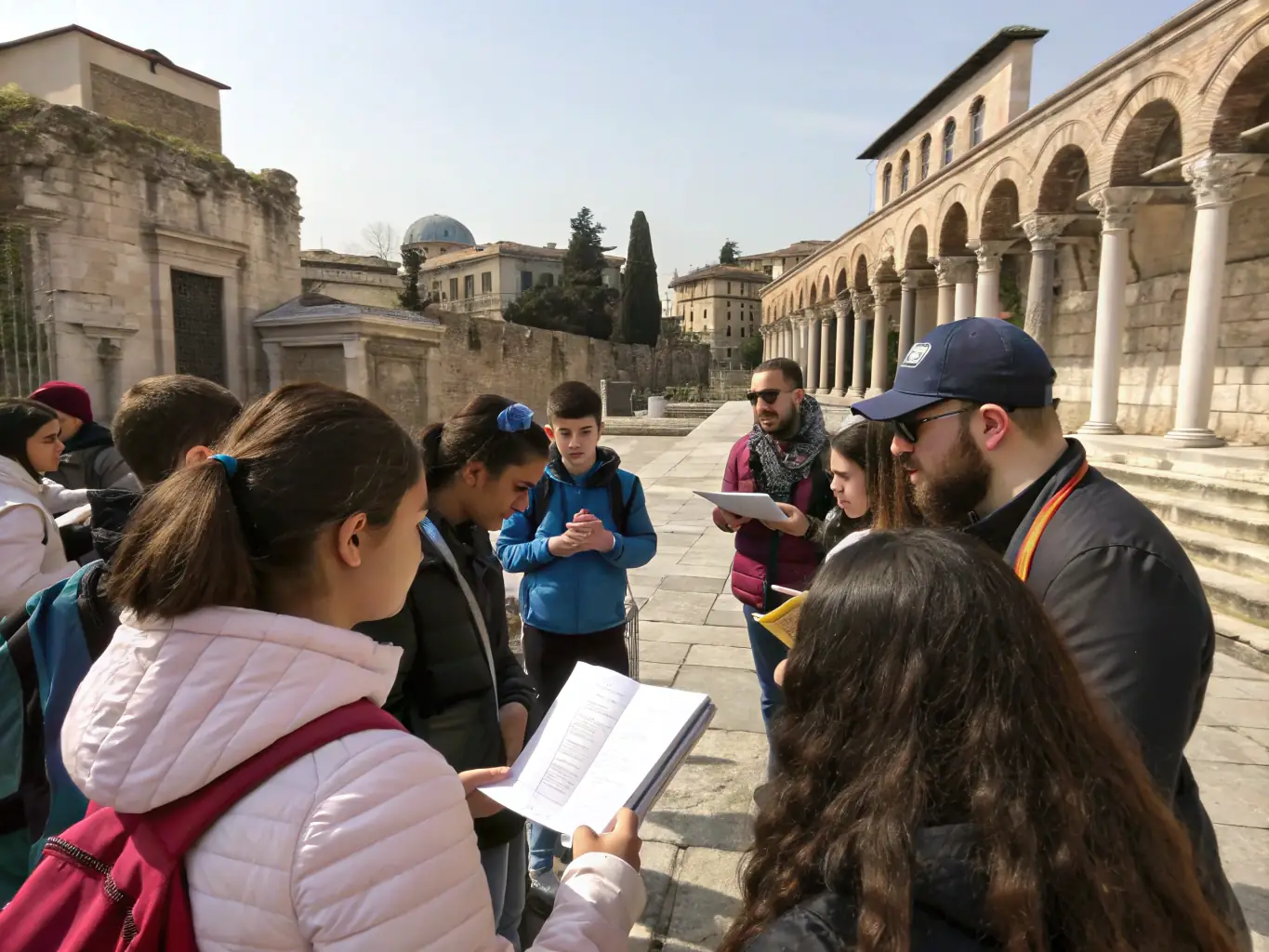 An image of children participating in a guided historical tour, with a knowledgeable guide explaining local landmarks.