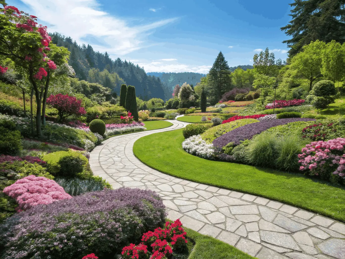 A vibrant image of flower beds and landscaped pathways in the village square, with residents planting and tending to the gardens.